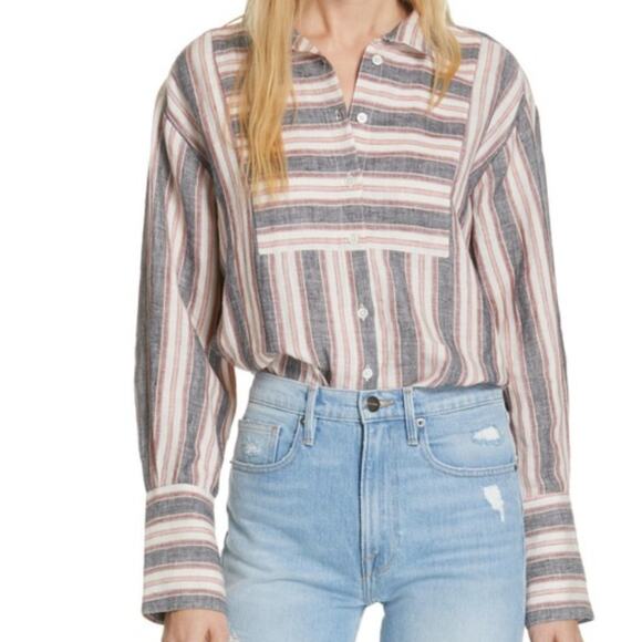 FRAME Natural White Multi Stripe Linen Bib Shirt Blouse Women's Small - Picture 3 of 9